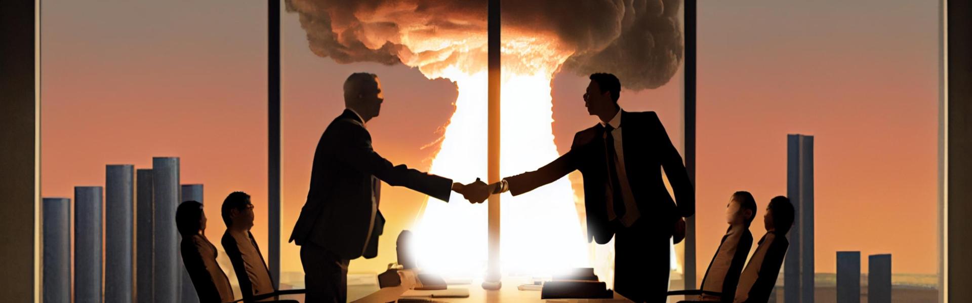 2 onderhandelaars in kantoorgebouw met kernexplosie op achtergrond