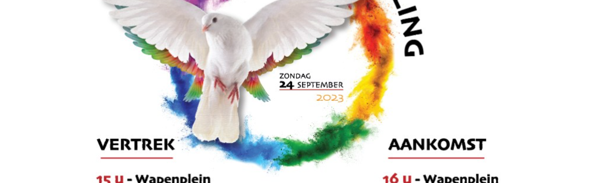 vredeswandeling poster met vliegende duif in een regenboogcirkel