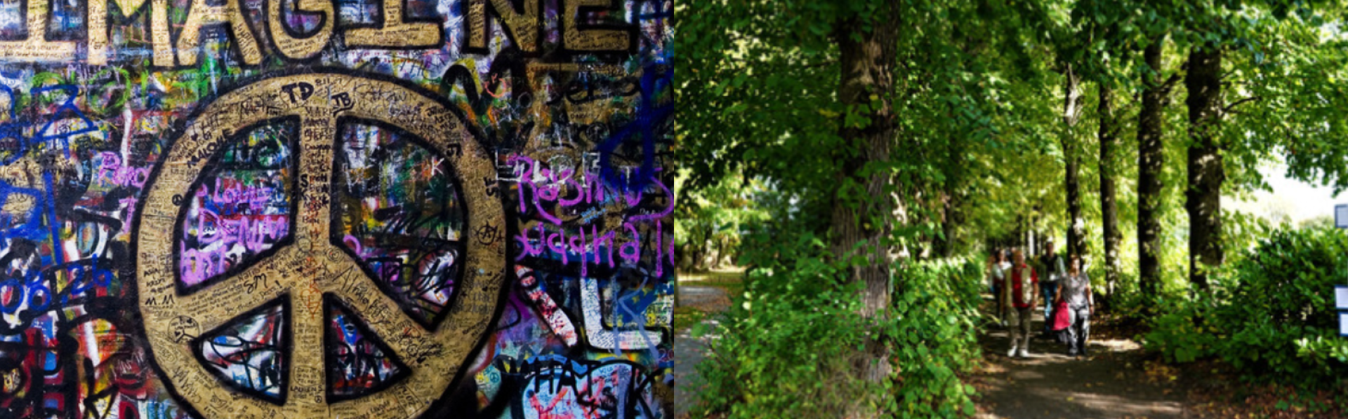 Bomen en een pad in de Kloostertuin in Haacht-Tildonk met daarnaast graffiti: IMAGINE peace op de Lennon Wall