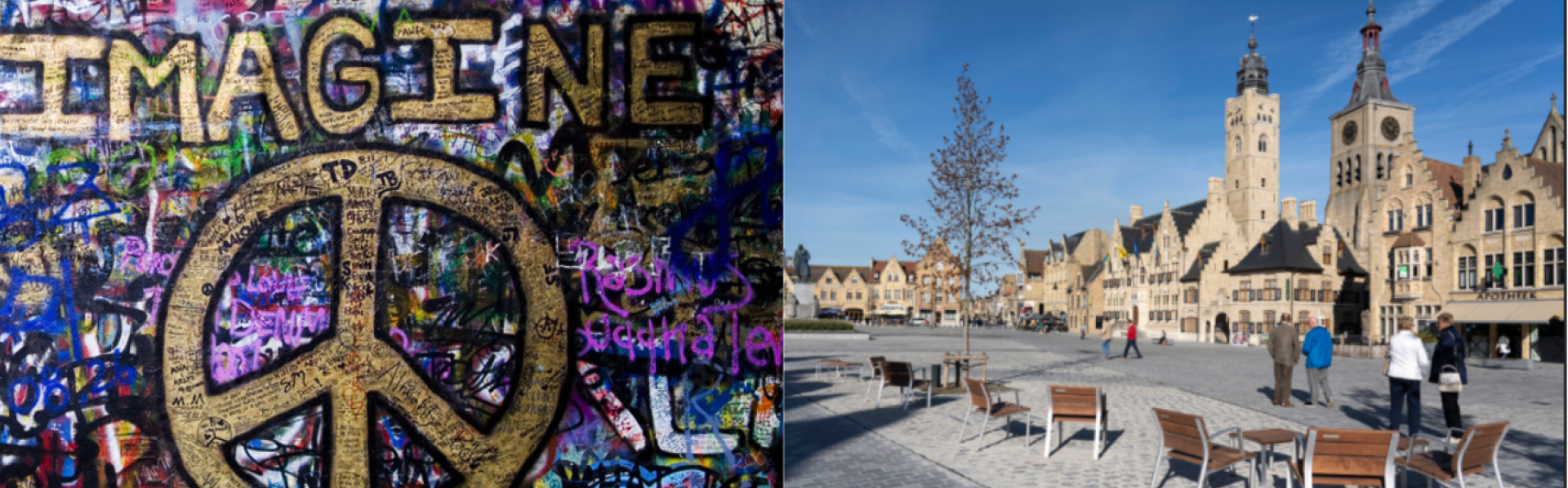 Imagine peace graffiti op de Lennon Wall met daarnaast marktplein van Diksmuide