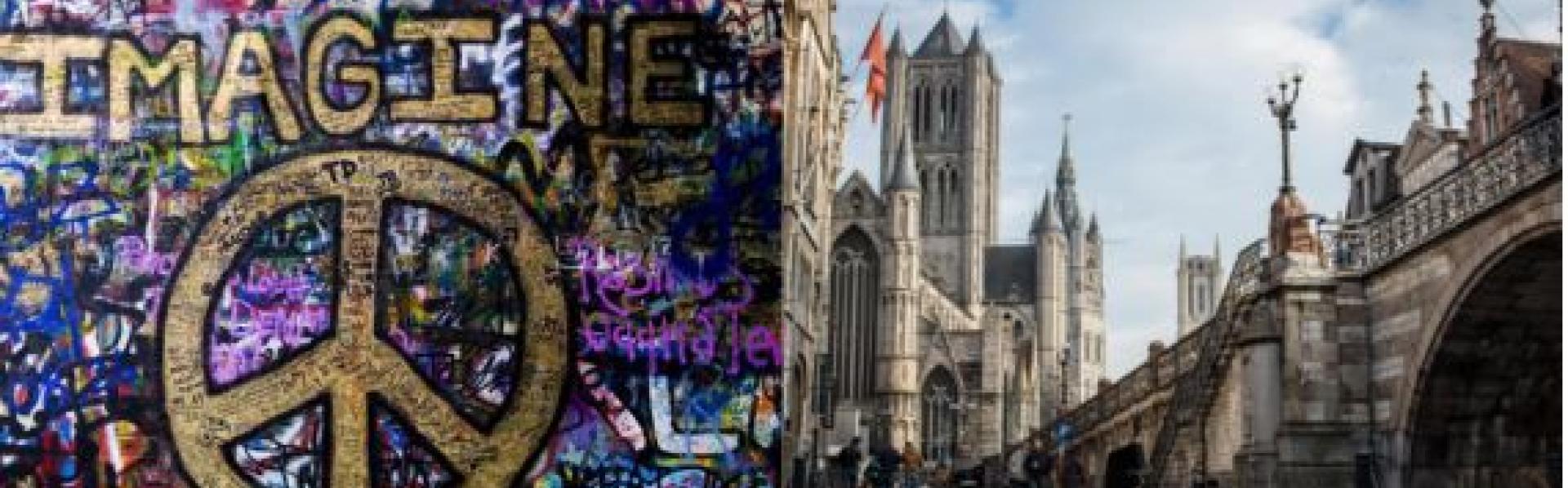 Lennon wall met graffiti Imagine Peace en zich op binnenstad Gent