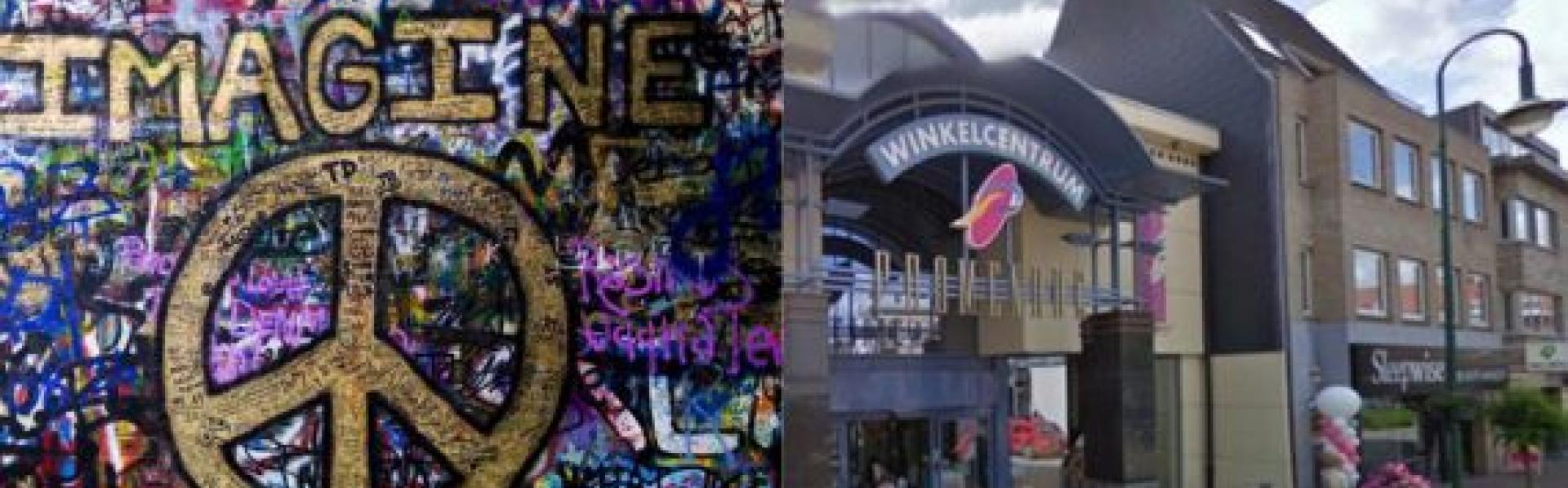 Lennon Wall graffiti Imagine Peace voorgevel shopping cnter Promenade Kapellen