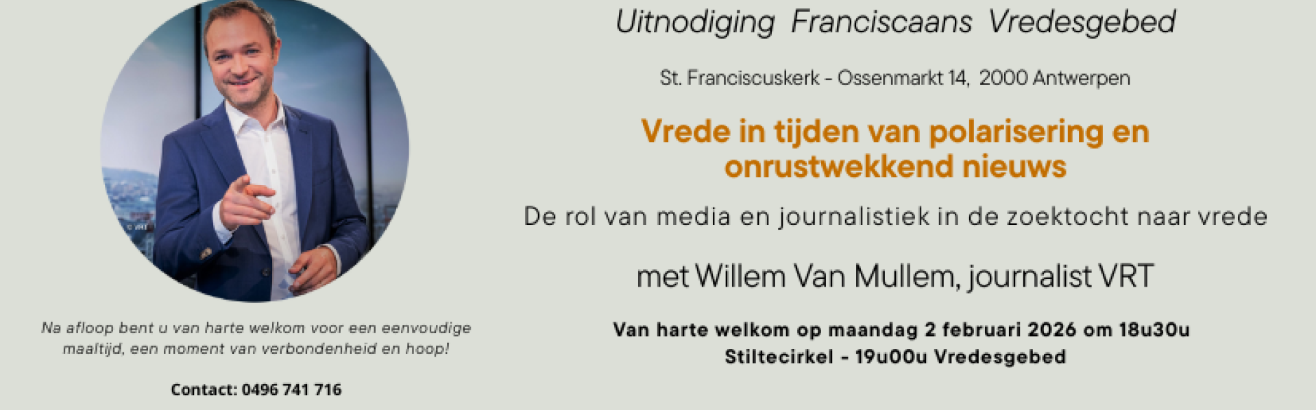 Uitnodiging Vredesgebed februari 2026 - met foto van gastspreker, Willem Van Mullem