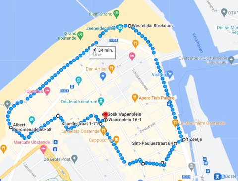 kaart wandelroute vredeswandeling Oostende