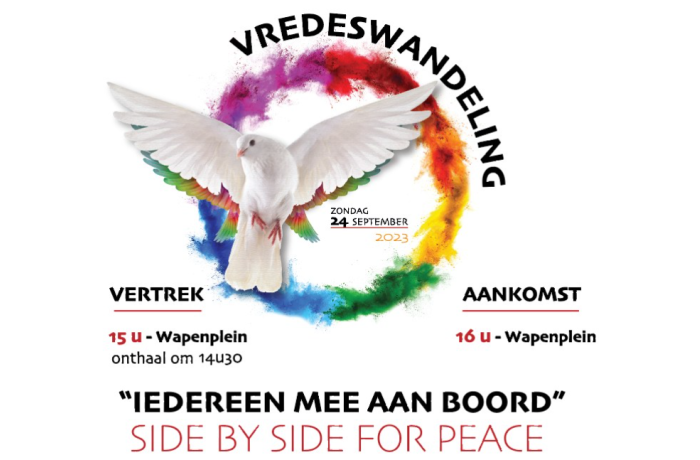 vredeswandeling poster met vliegende duif in een regenboogcirkel