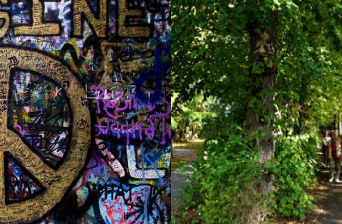 Bomen en een pad in de Kloostertuin in Haacht-Tildonk met daarnaast graffiti: IMAGINE peace op de Lennon Wall