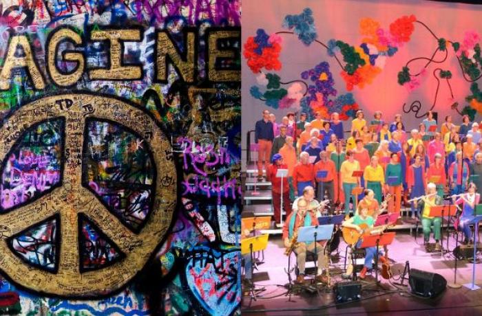 lennon wall en podiumfoto van de kleurrijke Wosh zang&muziekgroep