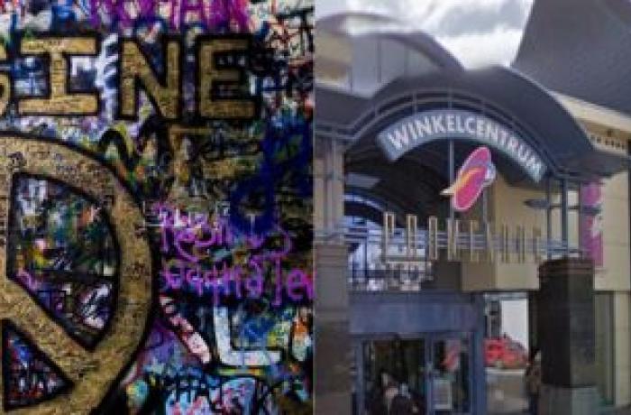 Lennon Wall graffiti Imagine Peace voorgevel shopping cnter Promenade Kapellen