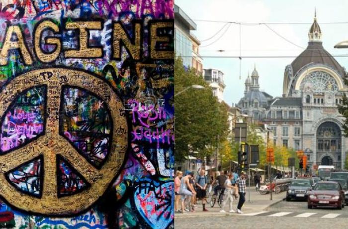 tweeluik Lennon Wall graffiti met IMAGINE peace in combi met centraal station Antwerpen