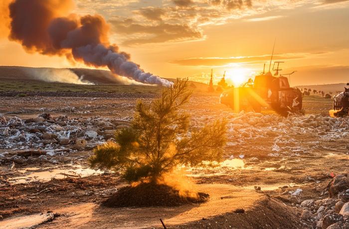 verdorven land met tank op de achtergrond en klein "overlevend" boompje op de voorgrond